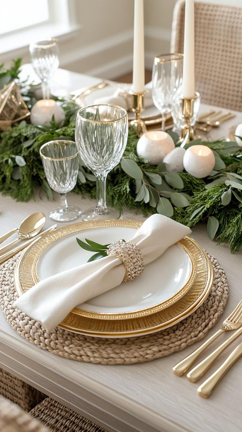 15 Unique Winter Tablescapes To Transform Your Dining Room 26 9. Golden Winter Wonderland Tablescape-1