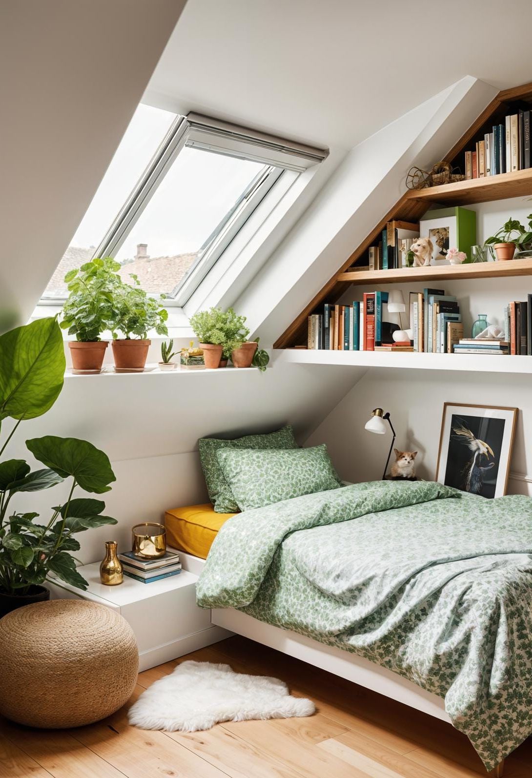 15 Genius Small Attic Bedroom Ideas To Maximize Space 34 11. Angled Bookcase along Sloped Ceiling: Maximize odd corners with custom angled shelving-2