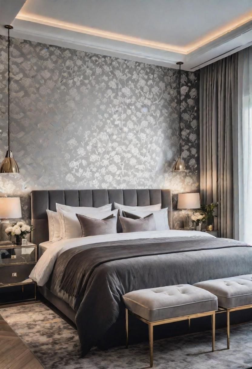 47 Stunning Grey Bedroom Ideas For An Elegant Bedroom Design 3 1. Floral Wallpaper Accent Wall Ideas-0