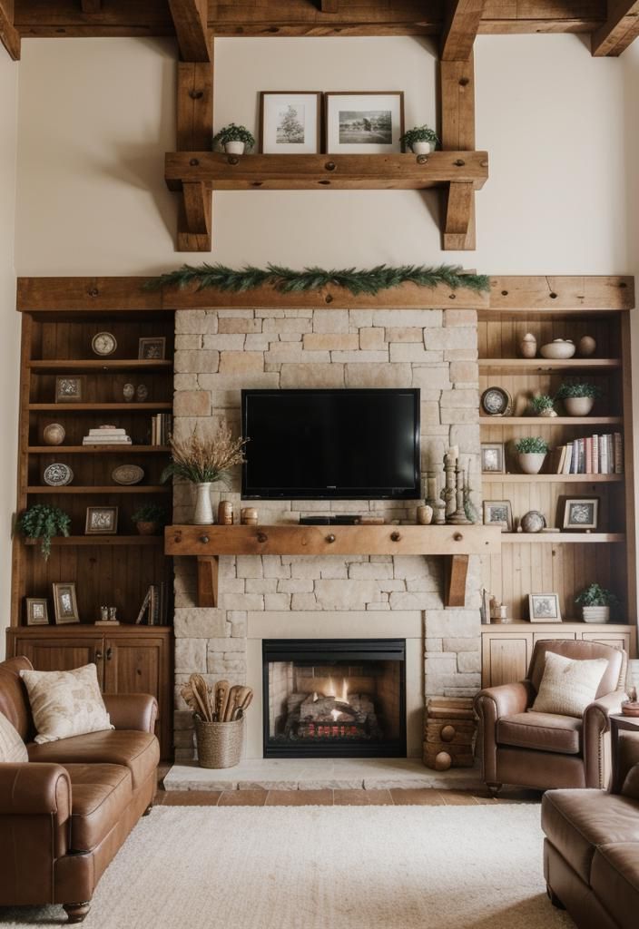 21 Elegant Built-In Shelves Ideas for the Living Room 4 2. Stone Fireplace Shelf Design-0