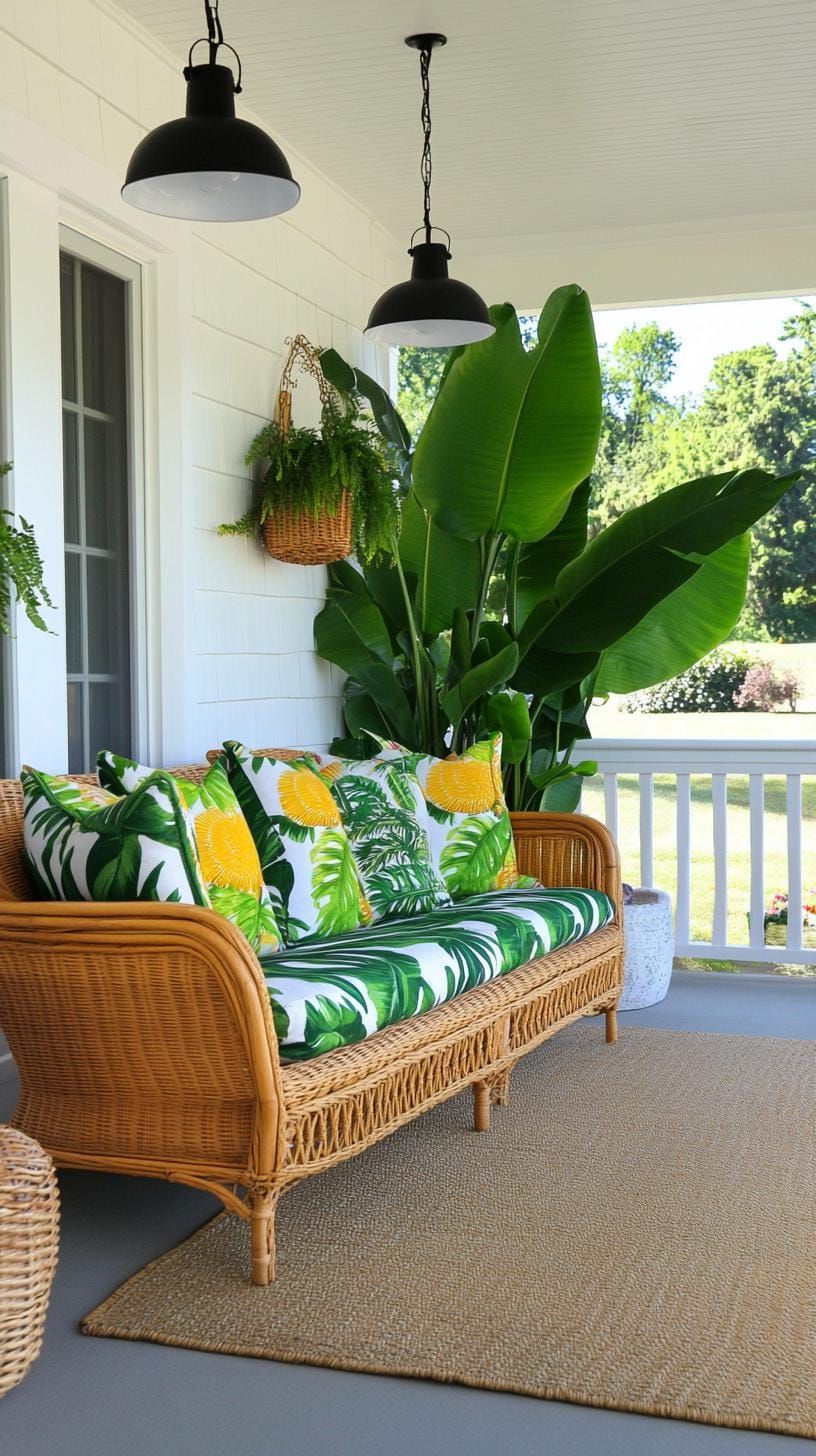 5. Tropical paradise with banana leaf plants, cane furniture, and colorful outdoor cushions-2