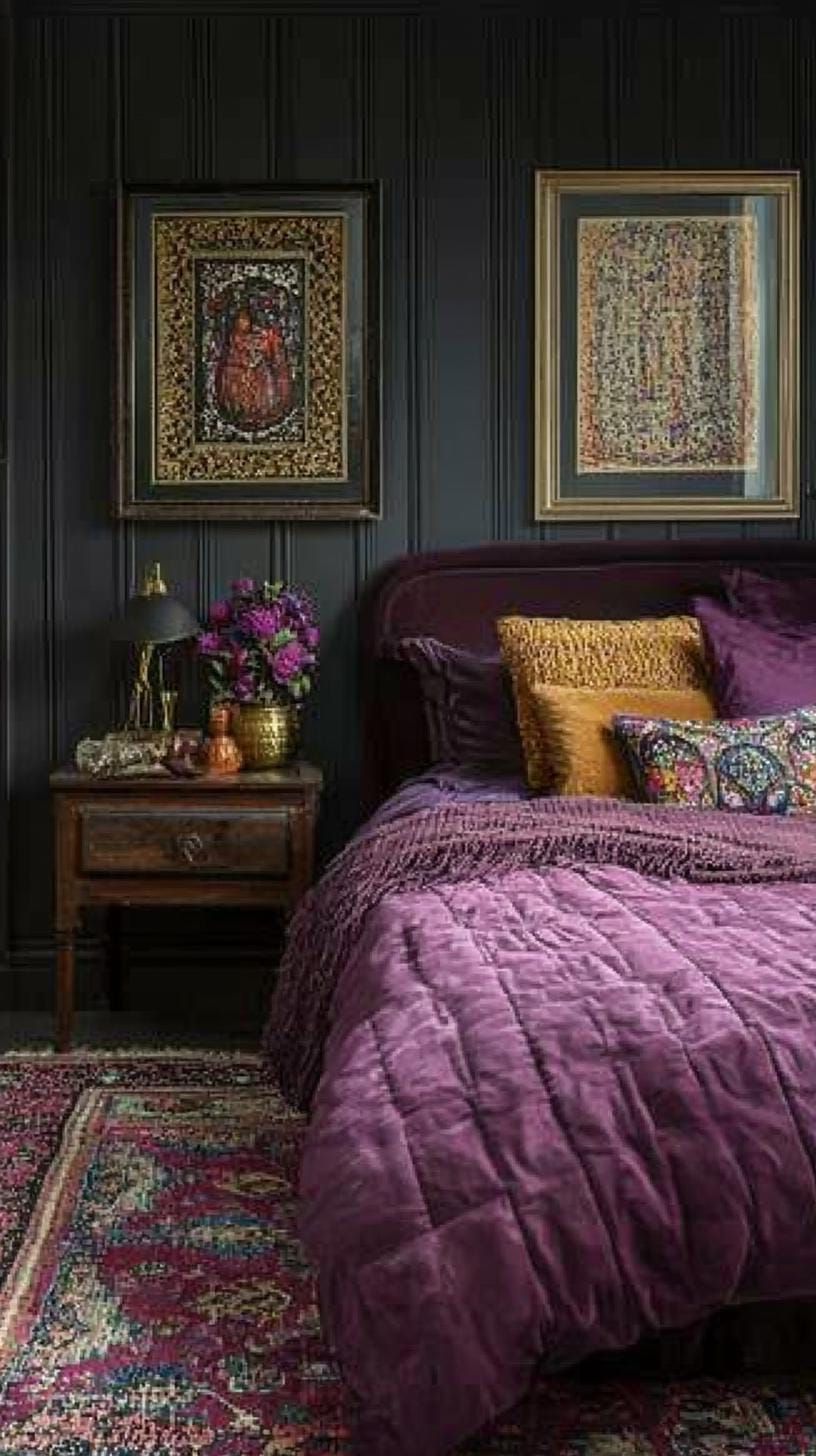 4. Velvet bedding in jewel tones with eclectic framed wall art-1