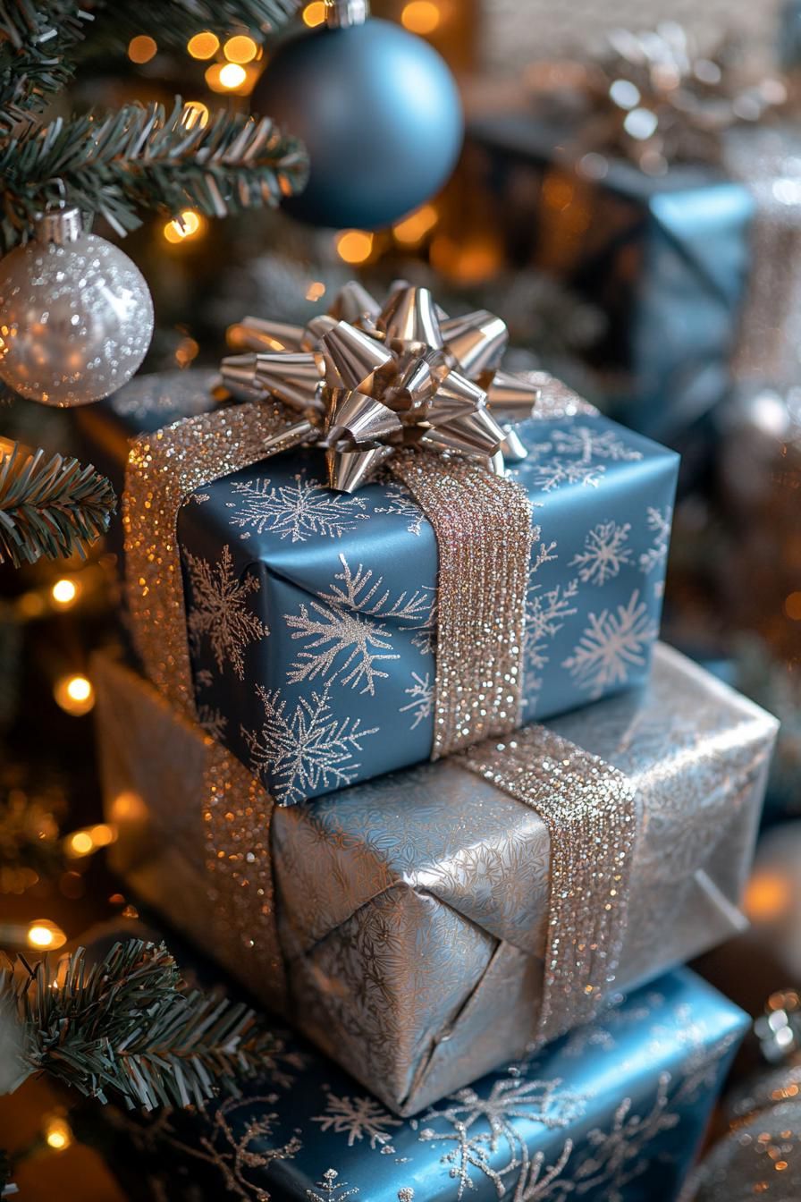 21 Gorgeous Blue Christmas Decor Ideas You Must See 18 7. Chic Metallic Blue Gift Wrap-0