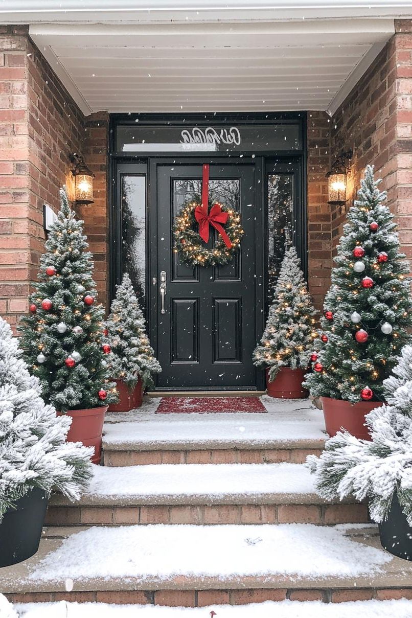 16 Unique Front Porch Christmas Decor Ideas for Holiday Season 13 4. Festive Entryway Tree Groupings-3