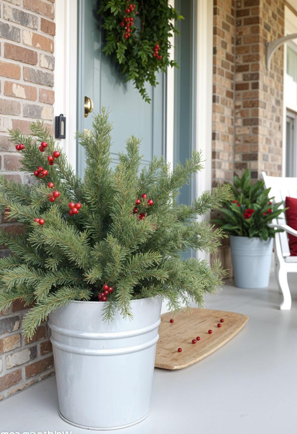 16 Unique Front Porch Christmas Decor Ideas for Holiday Season 24 8. Festive Pine-Filled Galvanized Buckets-2