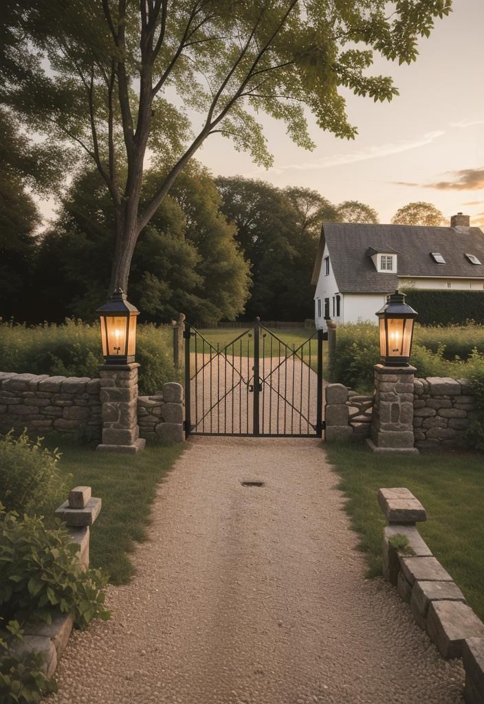 19 Inspiring Farmhouse Gate Ideas for Charming Entrances 9 5. Vintage Farm Gate & Lanterns-1