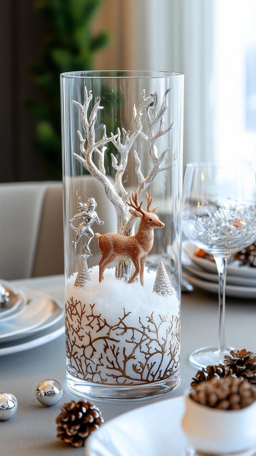 15 Stunning Winter Centerpieces to Transform Your Table 22 7. Etched Glass Hurricanes: Fill etched glass hurricanes with layers of artificial snow and small silver figurines in winter motifs, like deer or ice skaters-0