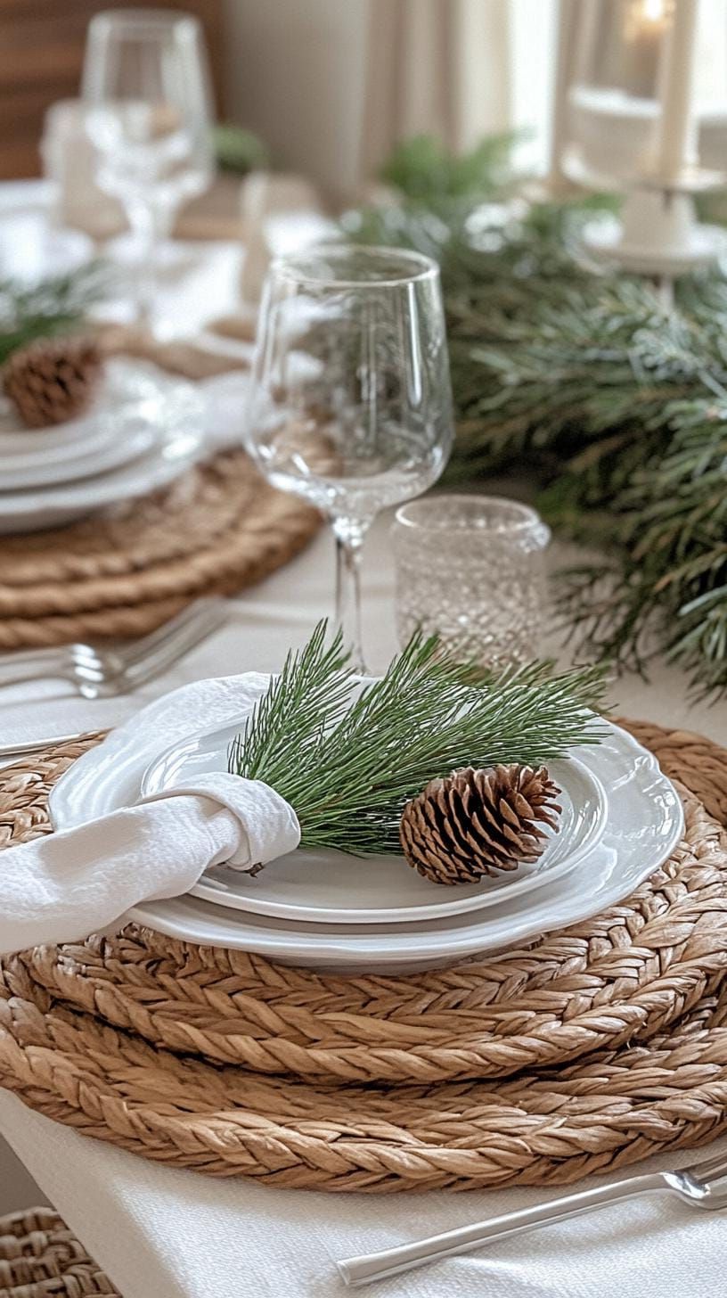 10. Cozy neutral tablescape with woven placemats and pinecones-0