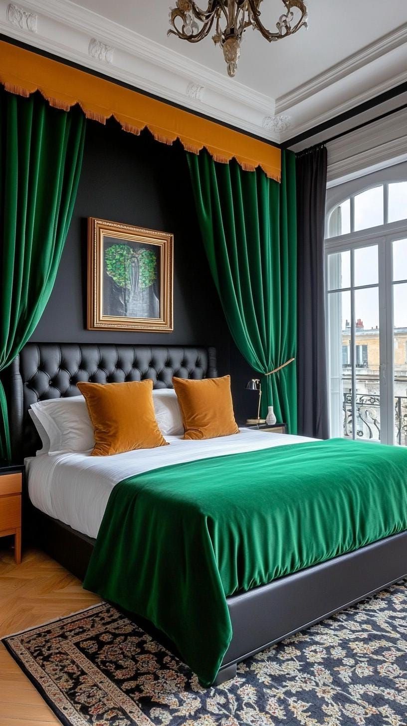 20 Elegant Green and Black Bedroom Ideas You Must See 7 2. Emerald Accents: Incorporate green velvet drapes and a black leather headboard for a luxurious feel-1
