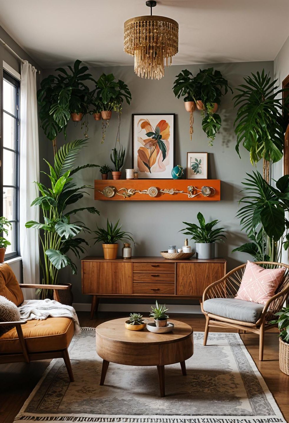 19 Gorgeous Boho Mid-Century Modern Living Room 14 4. Eclectic Plant Displays in Living Room-2