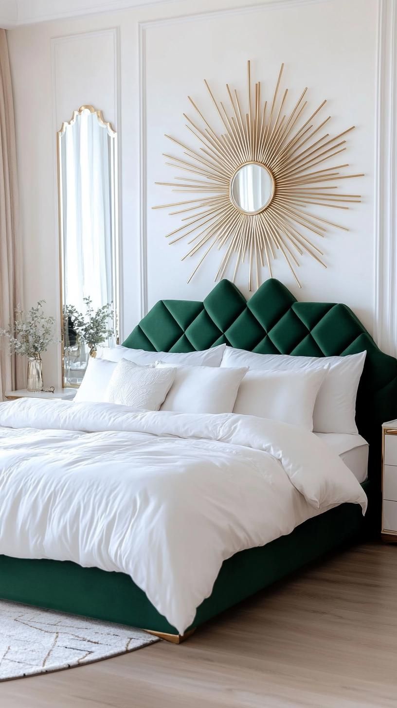 25 Trendy Sage Green Bedroom Ideas For 2025 20 6. Art deco haven with a sage green velvet headboard and geometric patterns-2