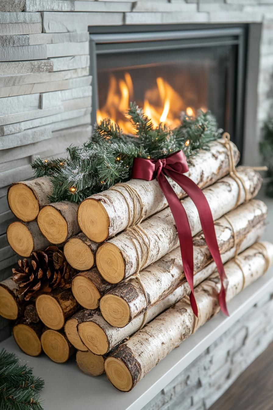 20 Minimalist Christmas Decor Ideas You’ll Love in 2025 44 18. Rustic Birch Logs Fireplace Display-0