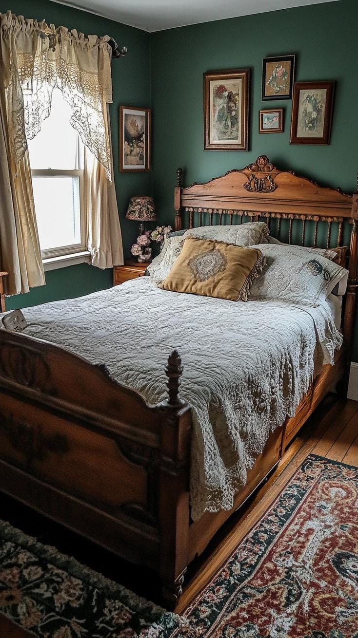 4. Vintage Finds: Accent sage walls with an antique wooden bed frame and eclectic thrifted artwork-2