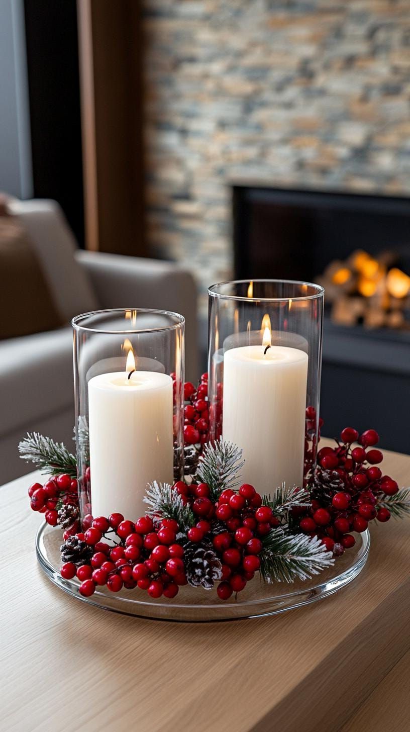 20 Cozy Winter Decor Ideas to Transform Your Home 5 2. White candles in glass cylinders surrounded by red berries-0