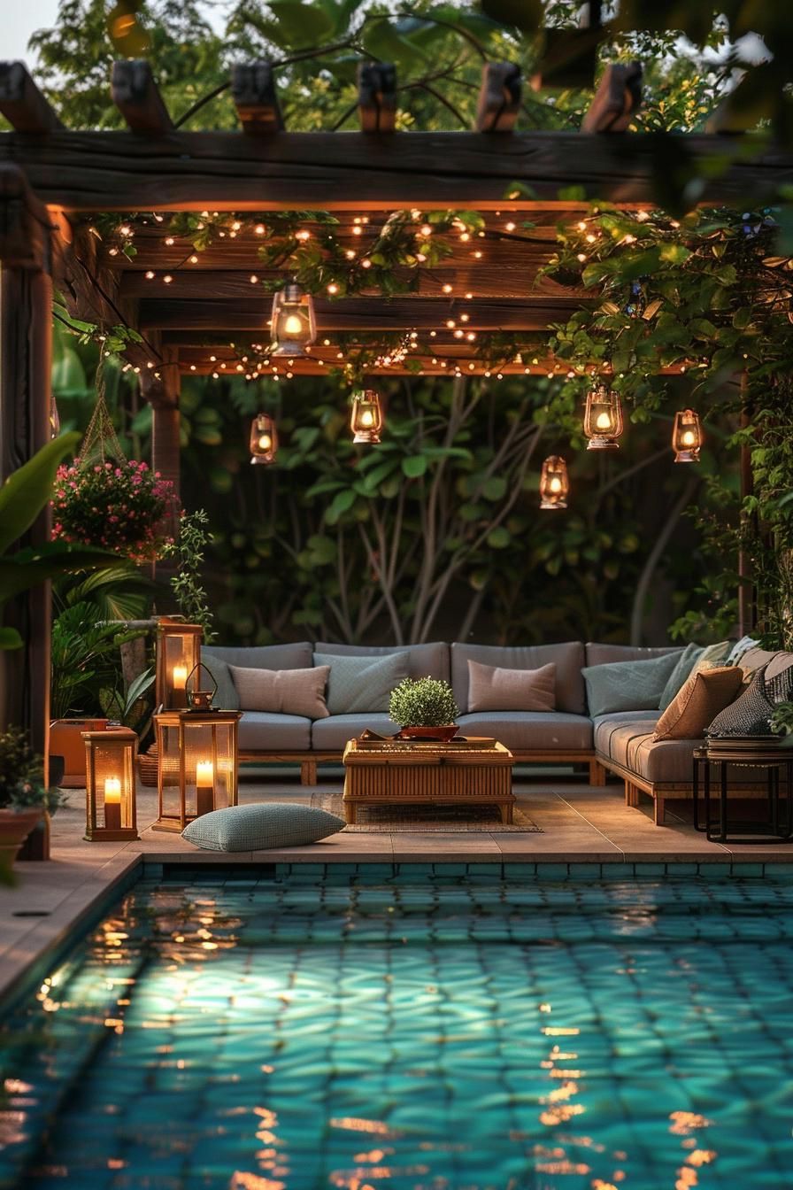 15 Best Pool Landscaping Ideas You’ll Love 16 5. Rustic Pergola Oasis Design-2
