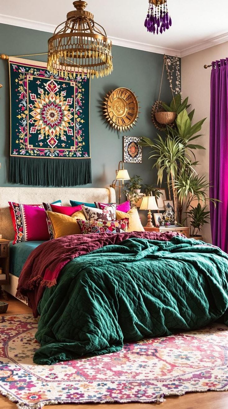 1. Earthy Tones Meets Rainbow: Incorporate lush greens, deep blues, and bursts of magenta in textiles and wall hangings-1