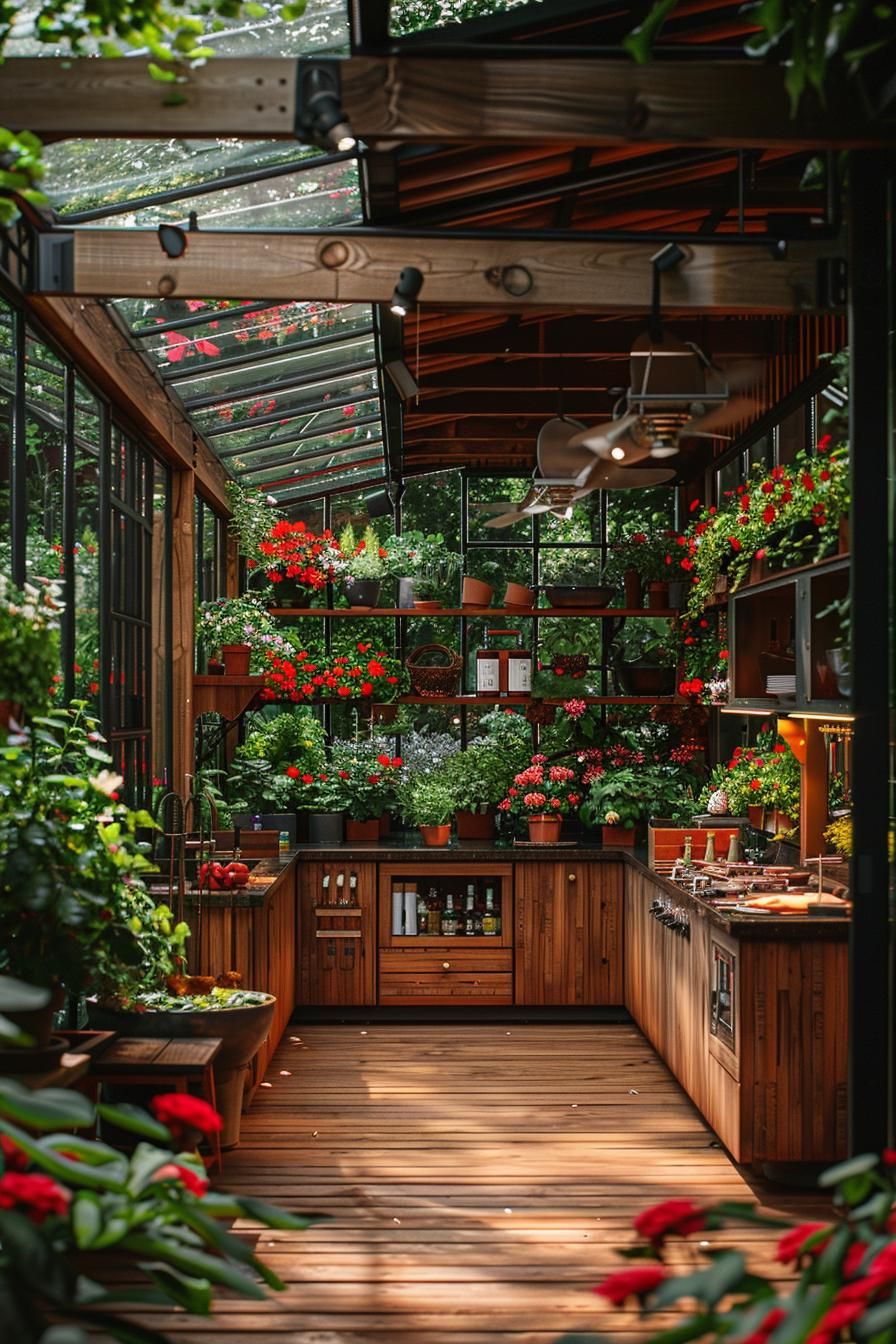 21 Stunning Outdoor Kitchen Patio Ideas (NEW) 41 15. Greenhouse Garden Oasis Kitchen-1