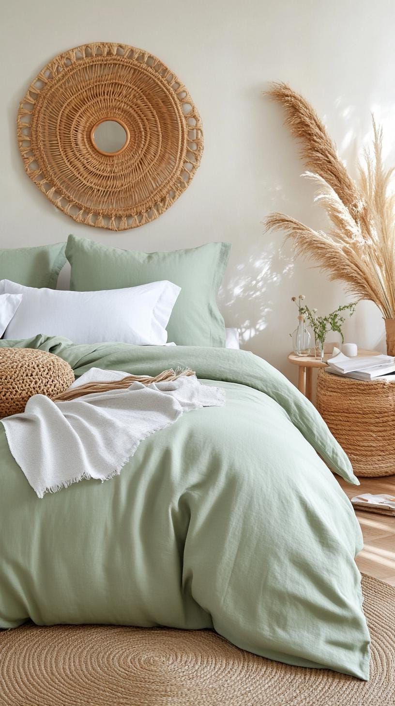 21 New Bedroom Ideas for Your 2025 Refresh 22 7. Sage green bedspread for a calm dorm-like vibe-0