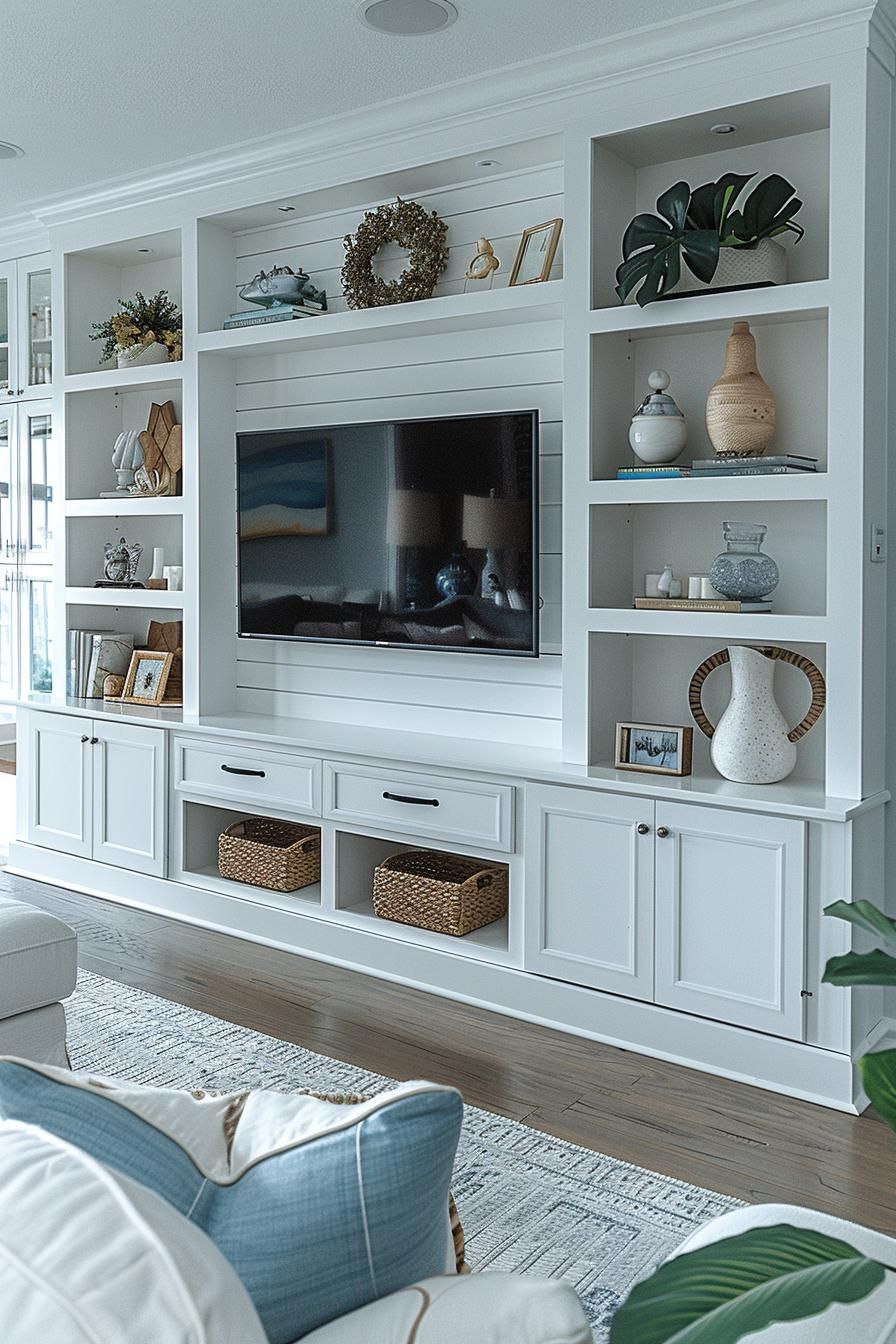 15 Aesthetic Modern Coastal Living Room Ideas 24 9. Coastal Chic Storage Solutions-0