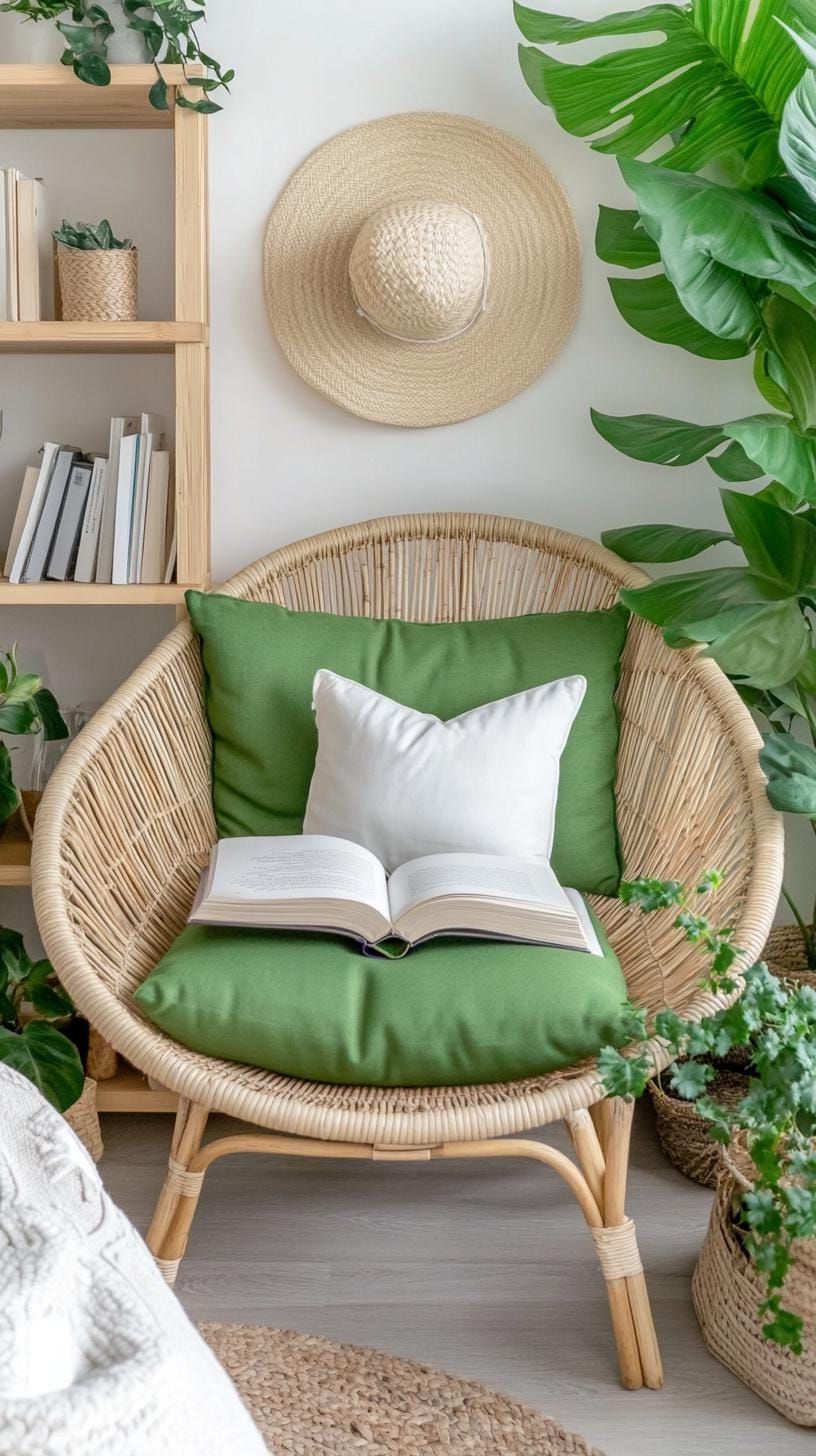 25. Nature’s Nook: Design a cozy reading area with a sage upholstered chair and bamboo bookcases-2