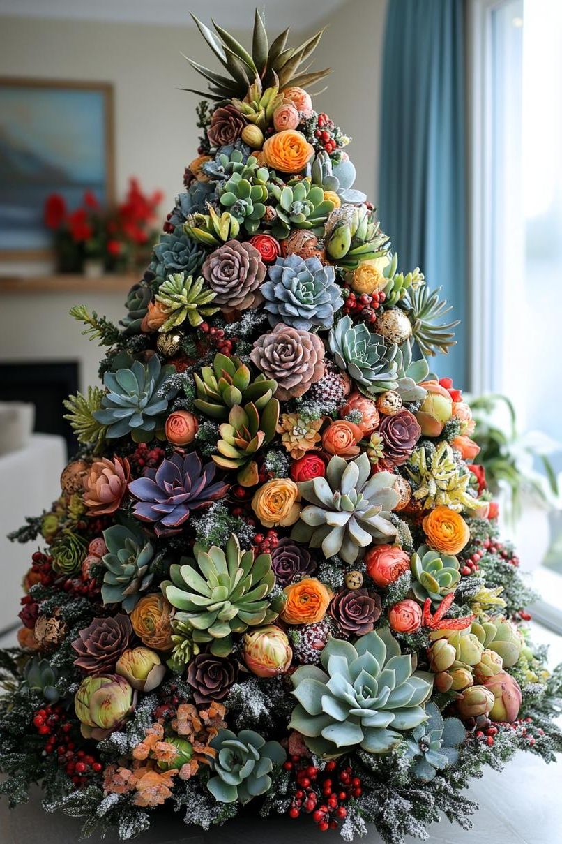 19 Unique Boho Christmas Decor Ideas 39 15. Succulent Floral Christmas Tree Variations-0