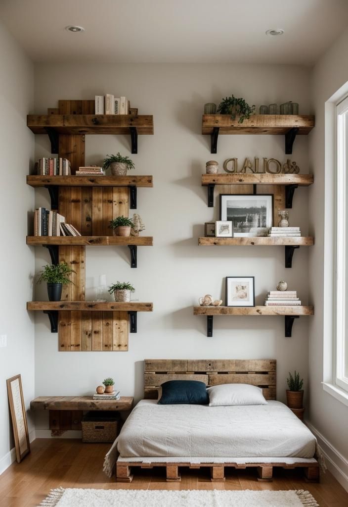 35 Stunning Bedroom Accent Walls For A Cozy Makeover 62 31. Pallet Accent Wall with Shelves-1