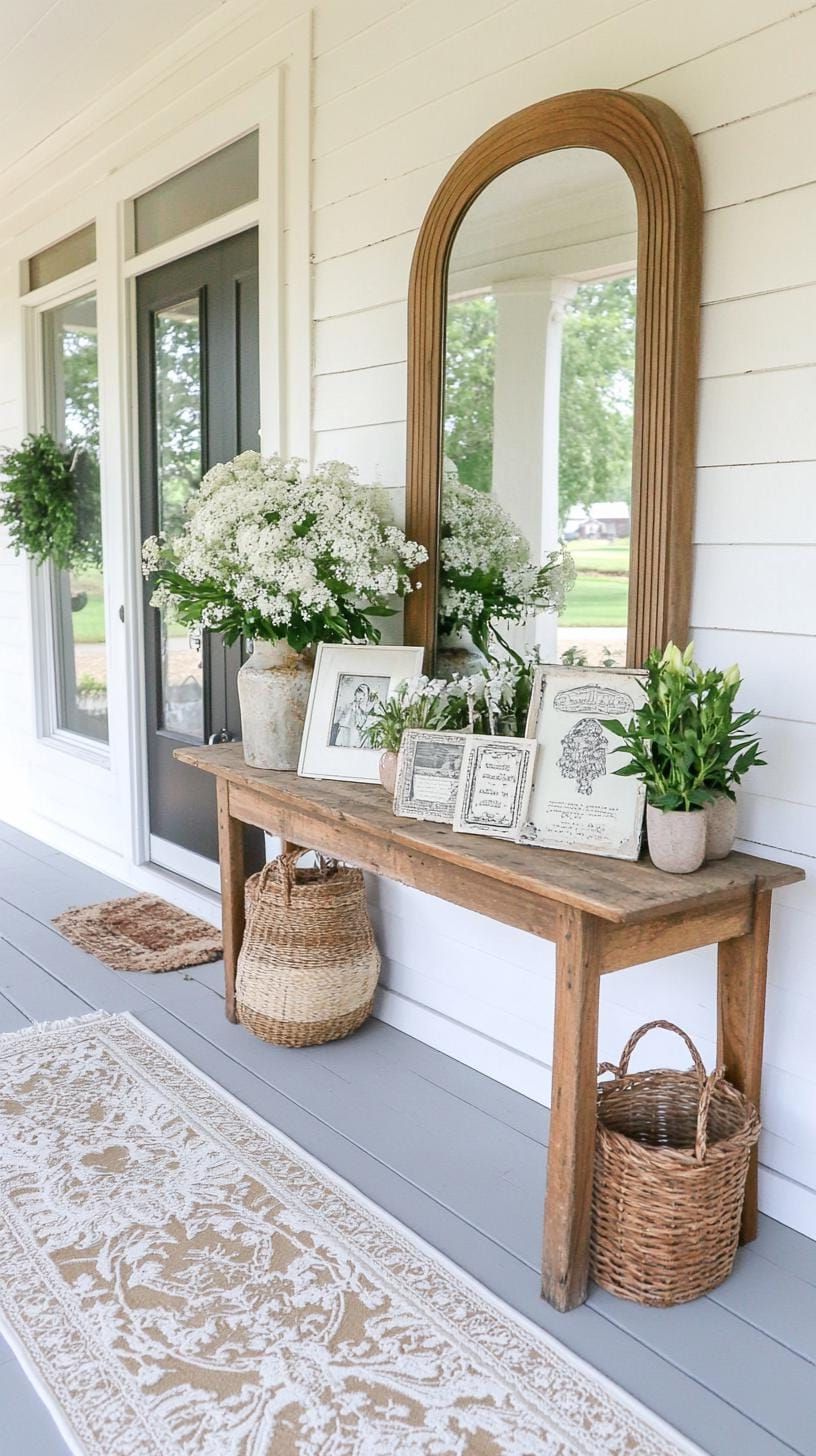 25 Beautiful Front Porch Ideas to Elevate Your Home Style 67 24. Vintage allure: A patinated mirror, lace trimmings, and a collection of old postcards create nostalgic whispers-1