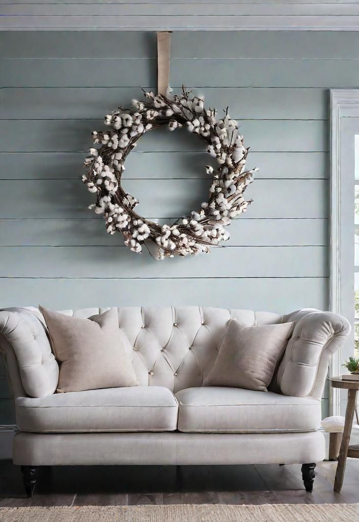 25 Charming Farmhouse Living Room Ideas For 2025 19 17. Cotton Wreath Wall Decor-0