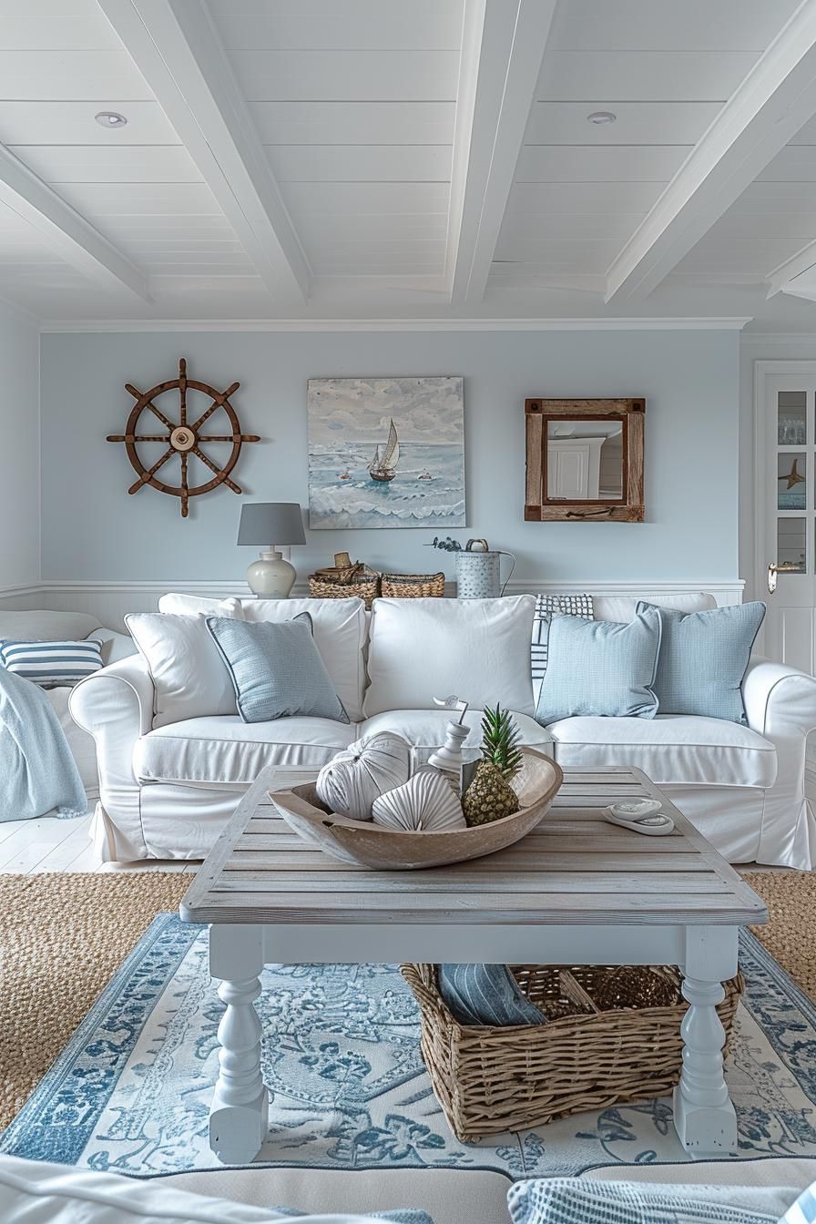 15 Aesthetic Modern Coastal Living Room Ideas 5 1. Contemporary Nautical Living Room Blend-2