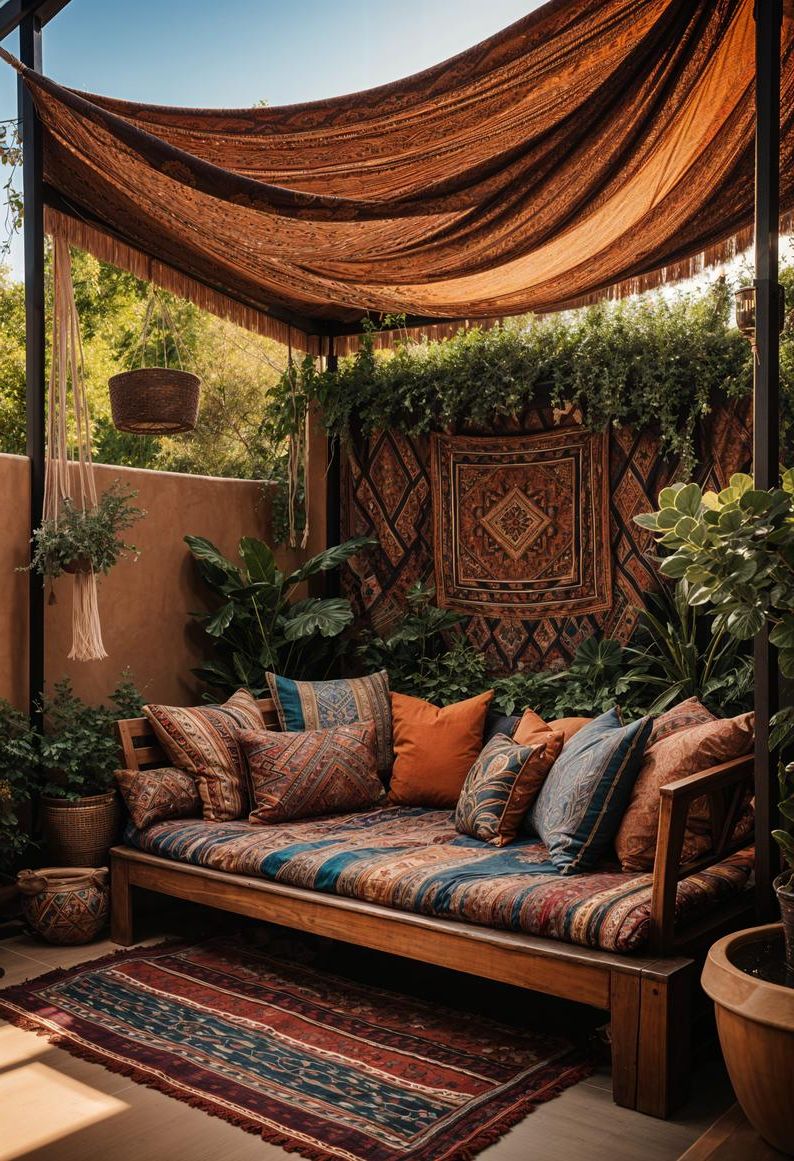 15 Chic Boho Patio Ideas You’ll Love 6 2. Boho Patio Canopy Retreat-2