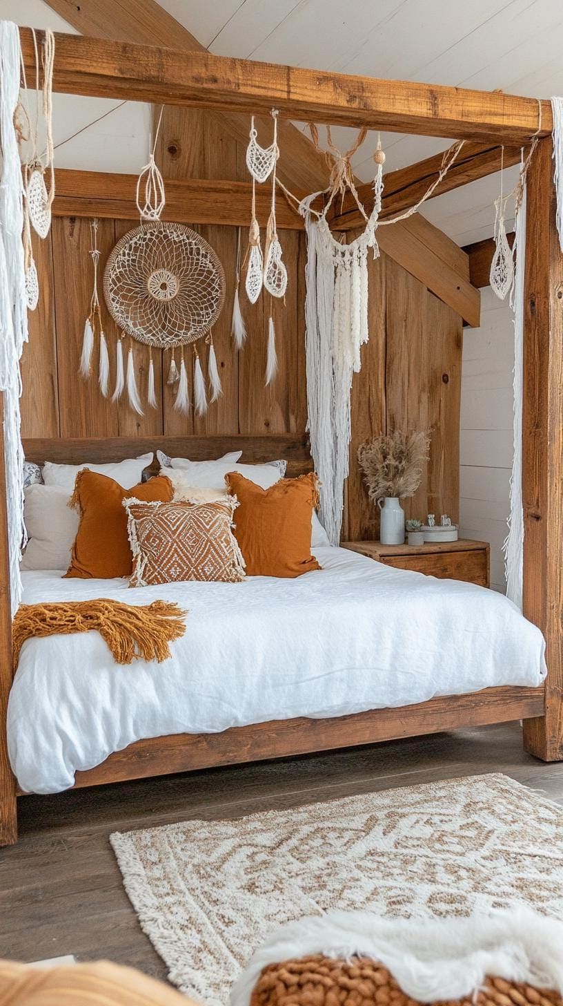 21 Stunning Western Boho Bedroom Ideas To Inspire You 19 6. Highlight a statement wall of reclaimed barn wood behind a canopy bed adorned with tassel garlands and dream catchers-1