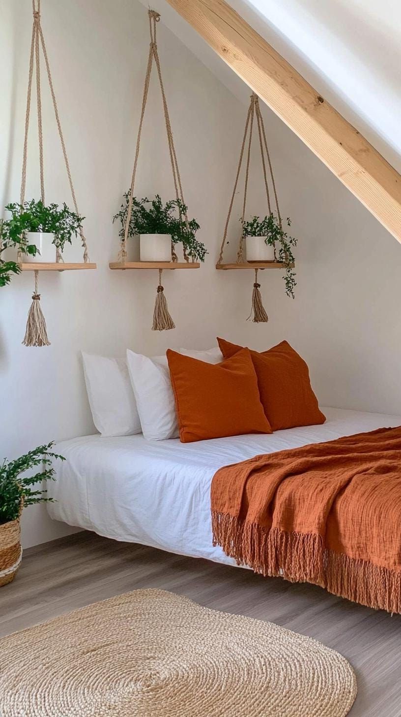 15 Genius Small Attic Bedroom Ideas To Maximize Space 43 15. Decorative Hanging Shelves: Add flair with artistic shelves that hang from the ceiling, suitable for light decor items-0