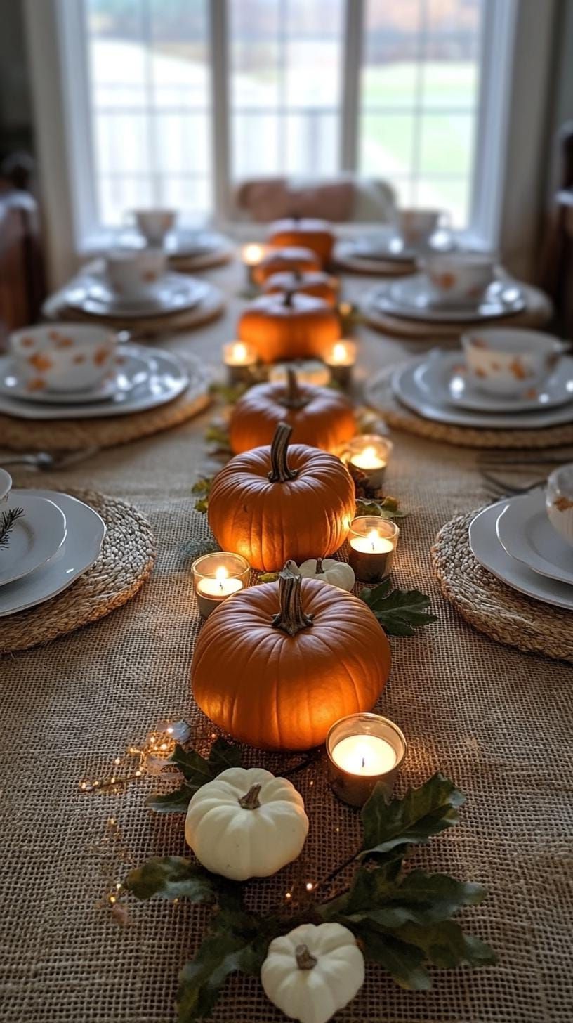 1. Mini pumpkin runner with scattered tea lights on burlap tablecloth-1