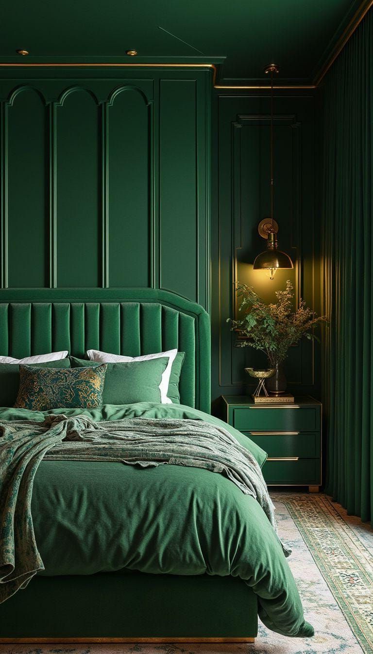 20 Moody Green Bedroom Ideas for a Cozy Retreat 28 9. Art Deco Revival: Pair geometric patterns with emerald walls and metallic gold features-0
