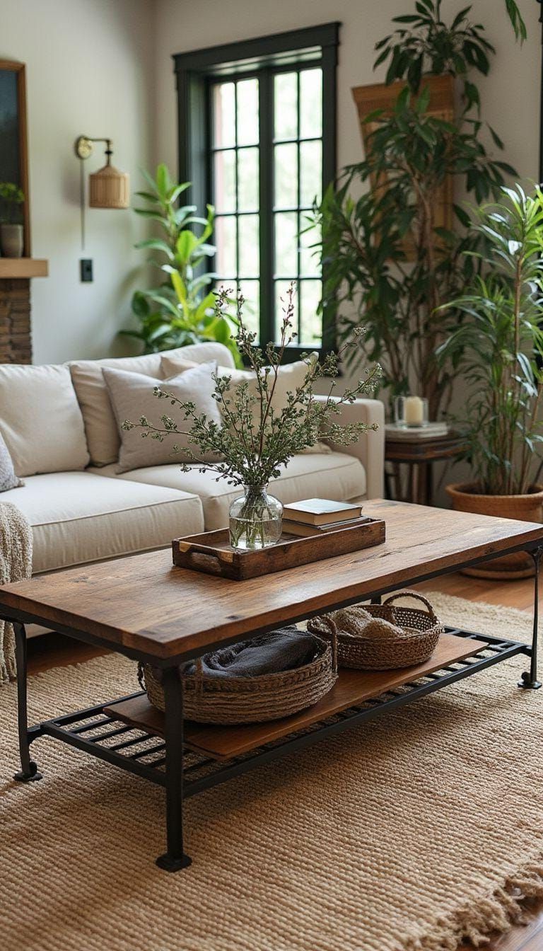 21 Best Industrial Farmhouse Living Room Ideas to Inspire 58 20. Create a center of serenity with a wrought iron and wood coffee table, paired with hemp rugs and lush greenery for contrast-0