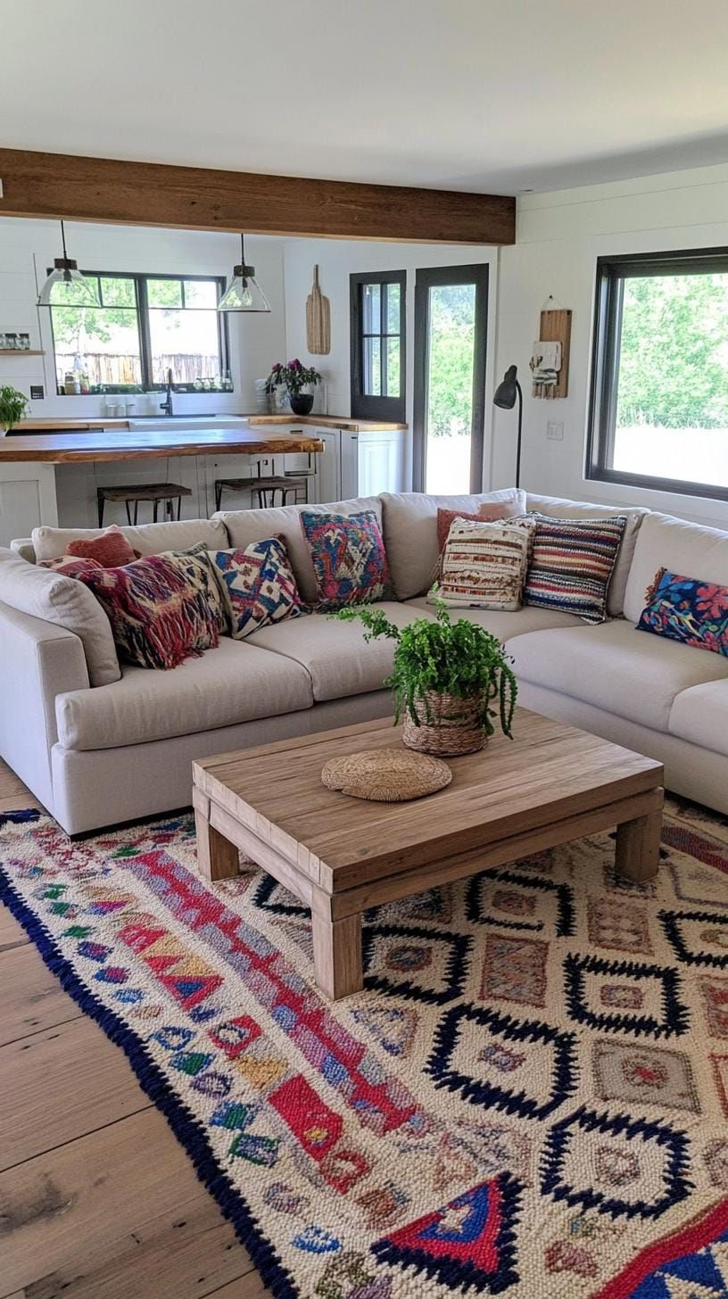 23 Unique Boho Farmhouse Living Room Ideas To Copy 52 16. Relaxed Repose: Style with a plush oversized sectional, embroidered pillows, and looped textiles, underlined by natural flooring and greenery-2