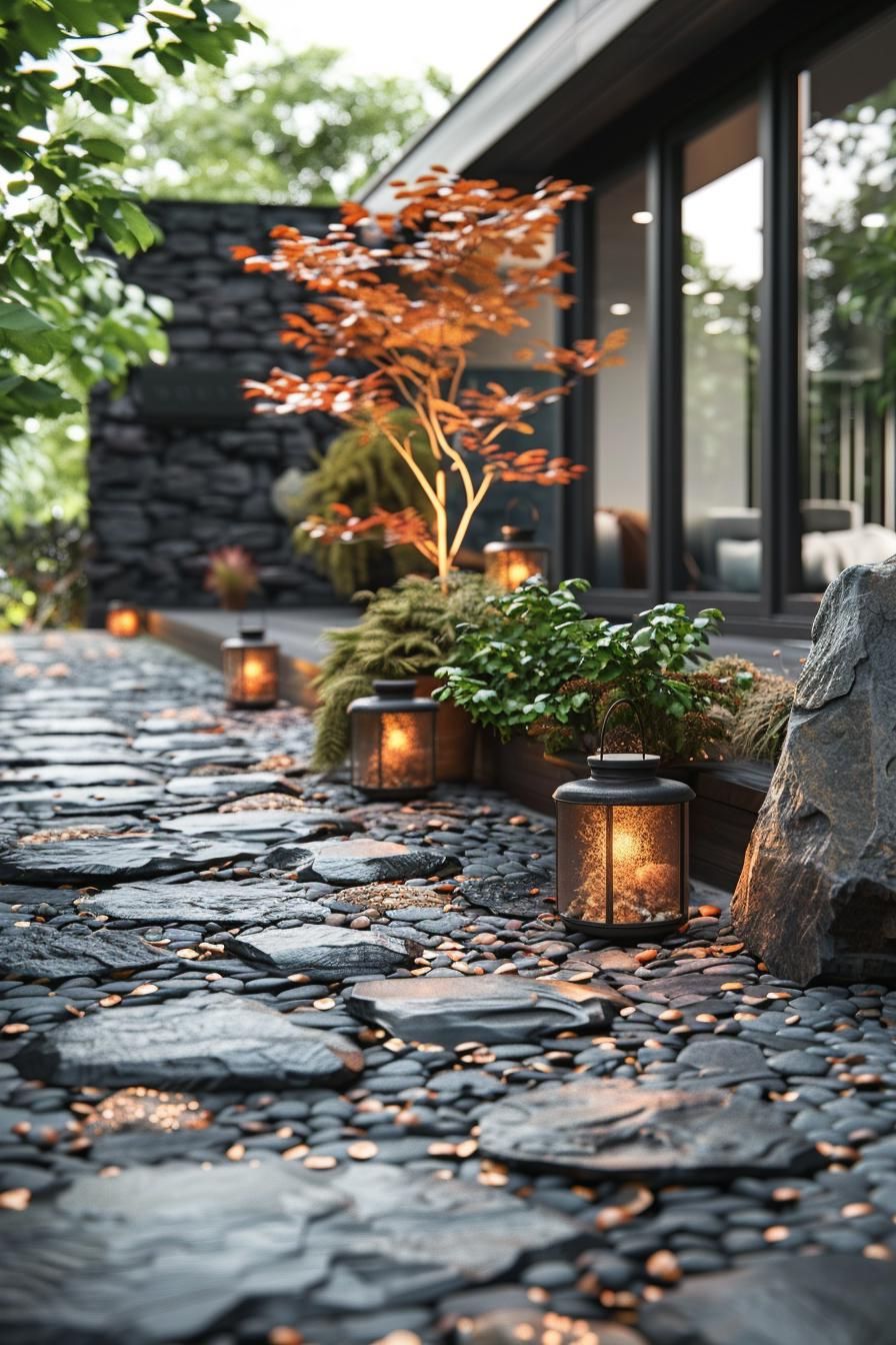21 Small Flagstone Patio Ideas You’ll Love 32 11. Zen Stone Garden Lanterns-0