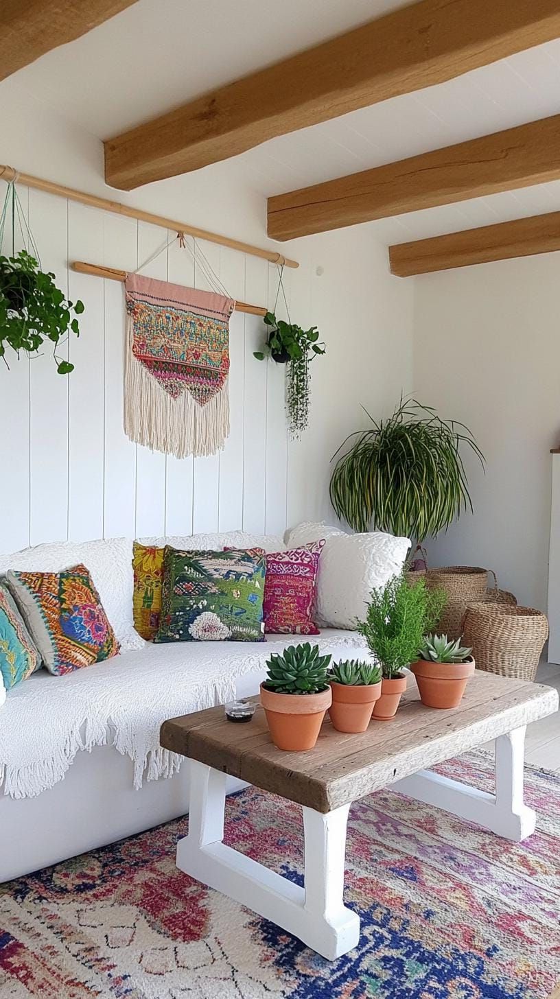 23 Unique Boho Farmhouse Living Room Ideas To Copy 63 20. Whimsical Wilderness: Dot the room with lively succulents in mismatched pots, alongside whimsy wind chimes and embroidered tapestries as wall art-0