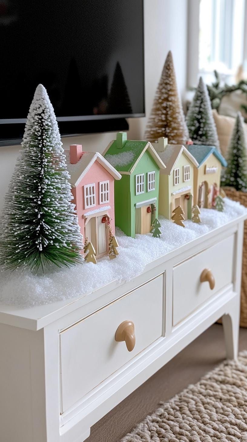21 Trendy TV Stand Christmas Decor Ideas To Inspire You 14 6. Whimsical TV stand with retro wooden houses, bottle brush trees, and faux snow-1