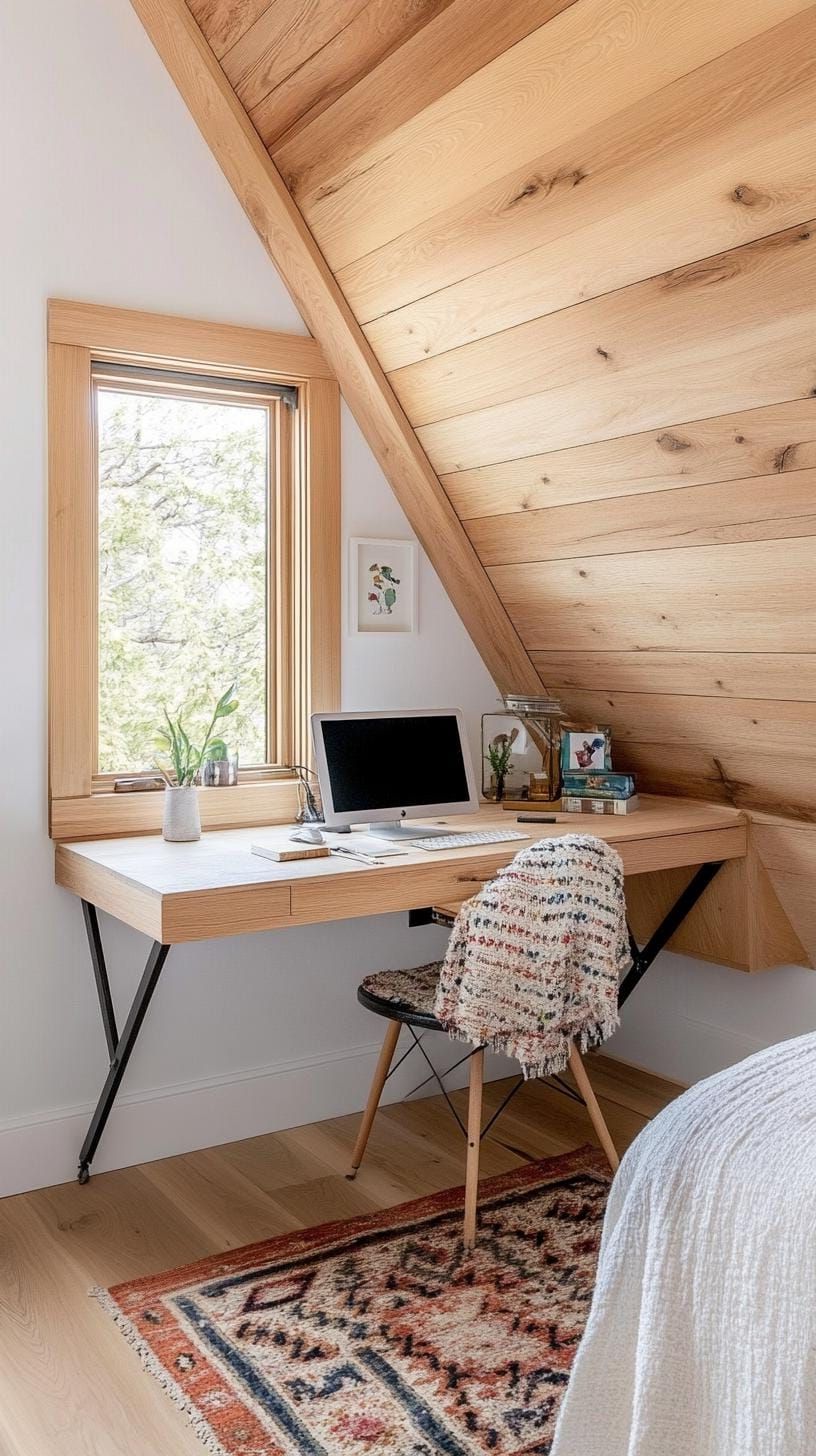 15 Genius Small Attic Bedroom Ideas To Maximize Space 39 13. Fold-Down Wall Desk: Create workspace flexibility with a desk that can fold away when not needed-1