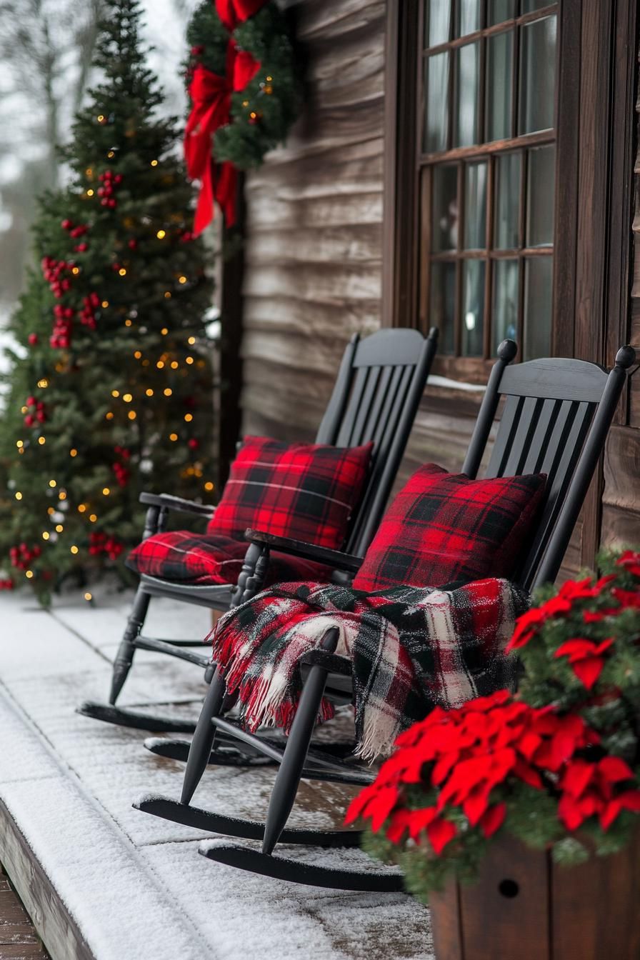 16 Unique Front Porch Christmas Decor Ideas for Holiday Season 18 6. Cozy Plaid Rocking Chair Ensemble-0