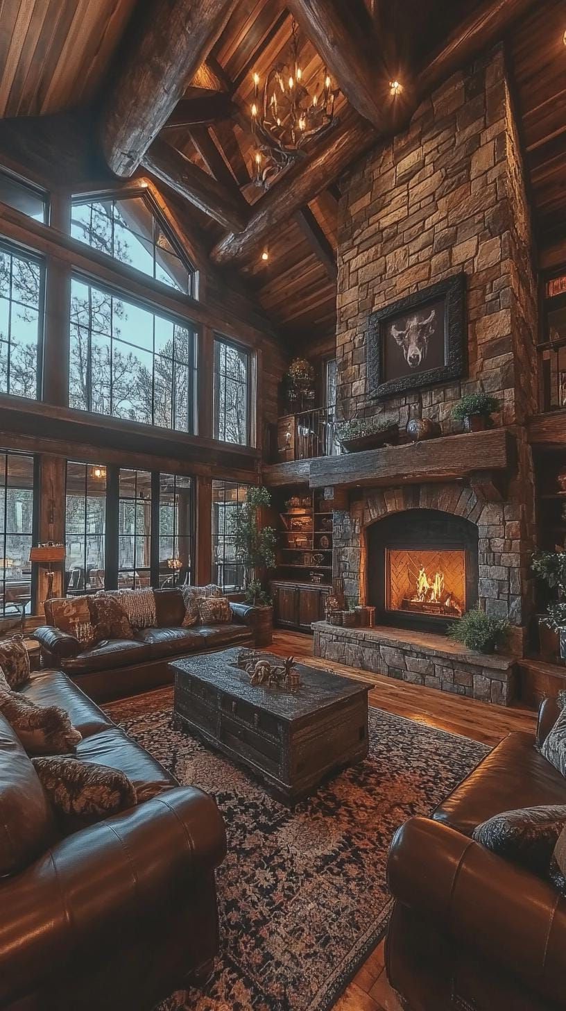 25 Chic Ranch House Decor Ideas for Modern Rustic Living 23 7. Stone fireplace surrounded by leather couches and Western decor-1