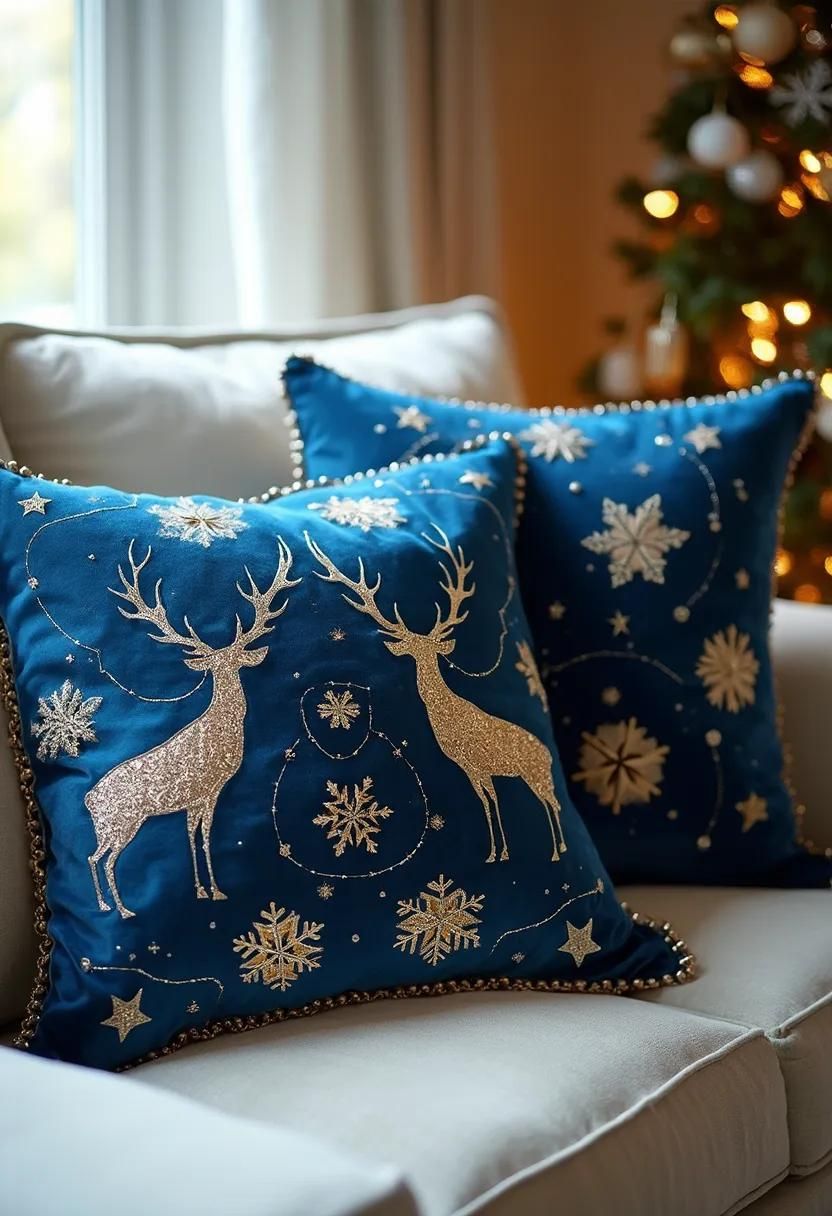 21 Gorgeous Blue Christmas Decor Ideas You Must See 13 5. Festive Blue Velvet Cushions-0