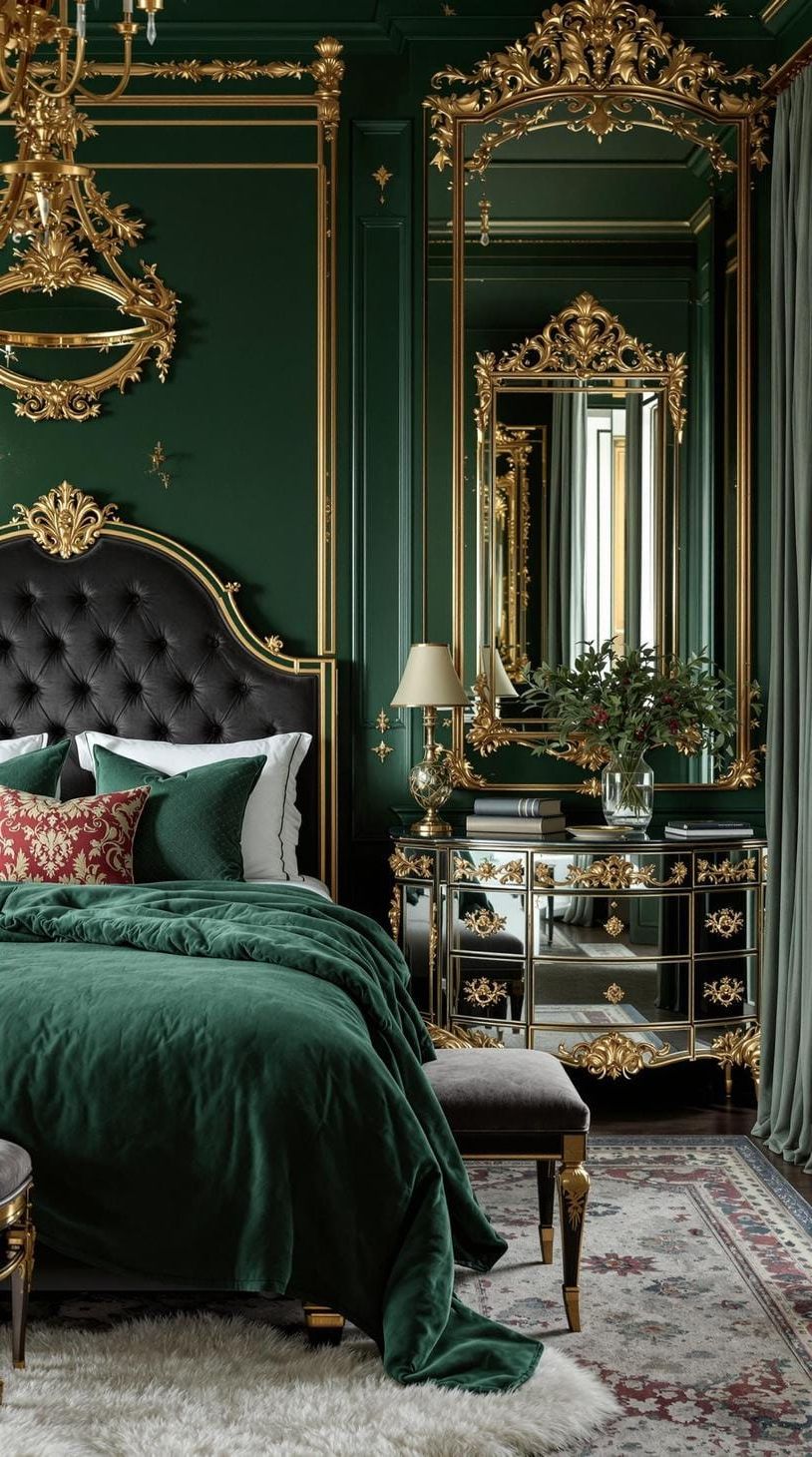 20 Moody Green Bedroom Ideas for a Cozy Retreat 46 14. Vintage Glamour: Combine deep jade greens with mirrored surfaces and antique gold frames-2