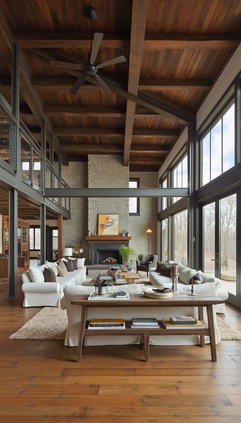 21 Best Industrial Farmhouse Living Room Ideas to Inspire 11 3. Create a spacious open-plan living area combining industrial steel beams with rustic wooden floors, accented by minimalist decor-2