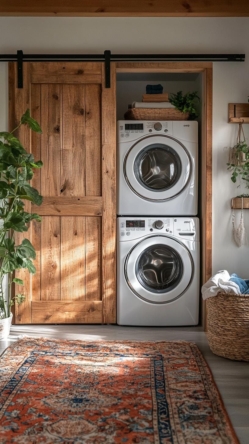 20 Genius Tiny Laundry Room Ideas: Organization & Stacked Design 3 1. Stacked white washers behind natural wood barn door closet-0