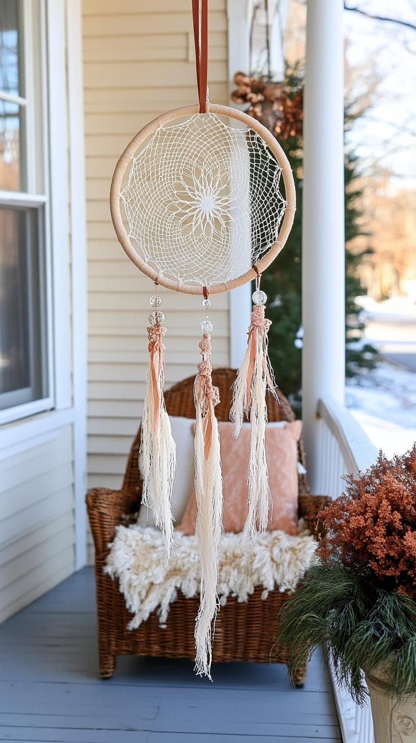 15 Gorgeous Winter Porch Decor Ideas to Spark Your Creativity 25 8. Icicle Dreamcatcher with Crystal Beads and Lace-2