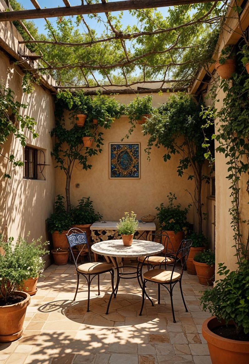 25 Stunning Small Garden Layout Ideas 27 12. Mediterranean Mosaic Bistro Garden-1