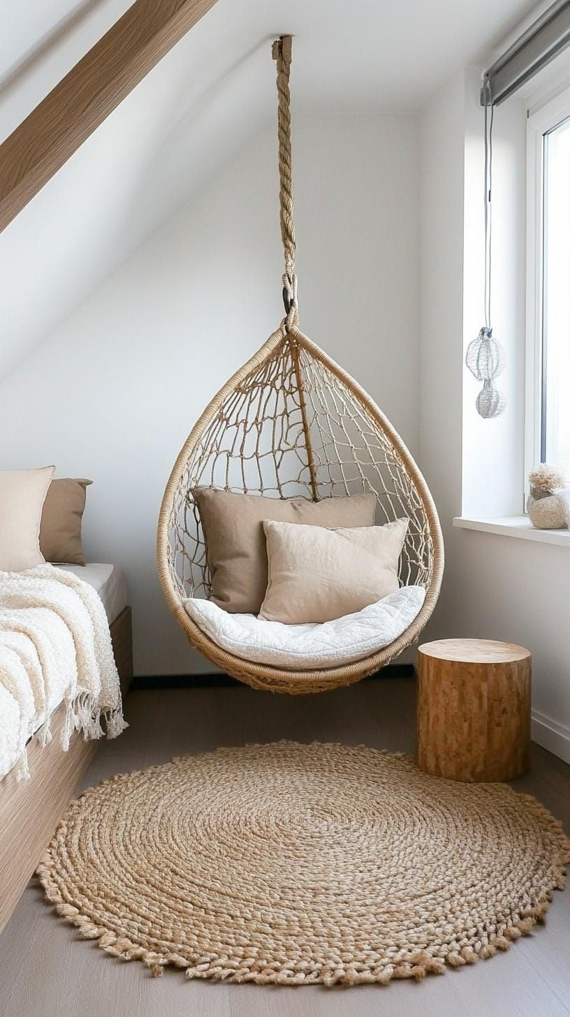 15 Genius Small Attic Bedroom Ideas To Maximize Space 28 9. Hanging Chair Zen Zone: Install a hanging chair for a cozy retreat without occupying much floor space-2