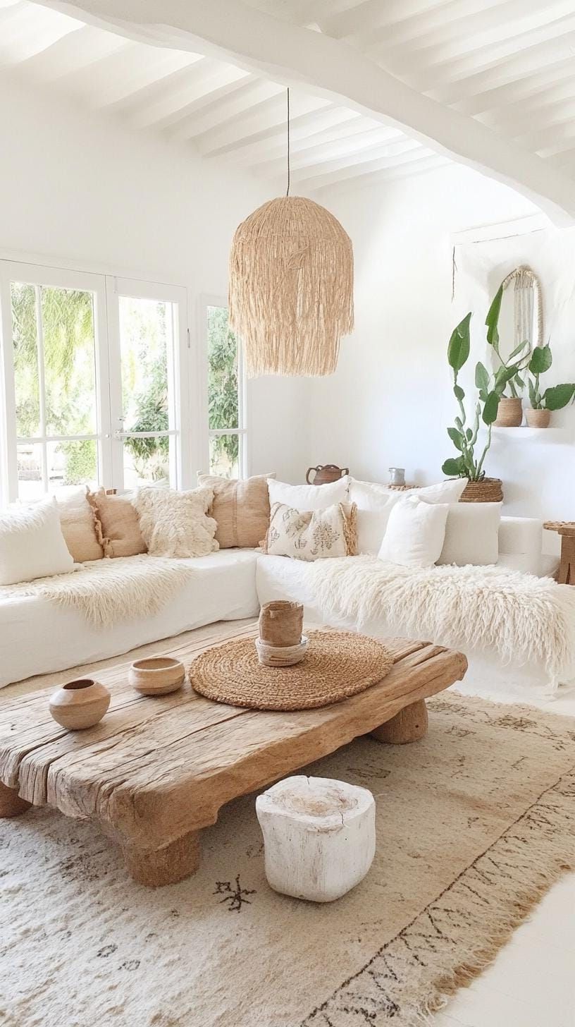 23 Unique Boho Farmhouse Living Room Ideas To Copy 23 7. Hygge Haven: Embrace Scandinavian influences with whitewashed wood, a mix of sheepskin and braided wool throws, alongside a collection of eclectic pottery-1